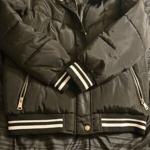 DKNY Black Puffer Jacket with Striped Cuffs
